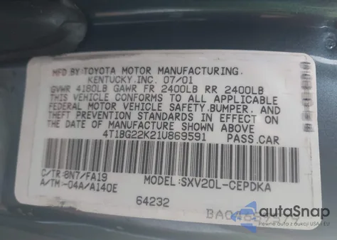 2001 Toyota Camry Ce из США, поврежденный, VIN 4T1BG22K21U869591